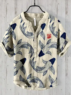 Japanese-inspired Osamu vintage fish linen shirt