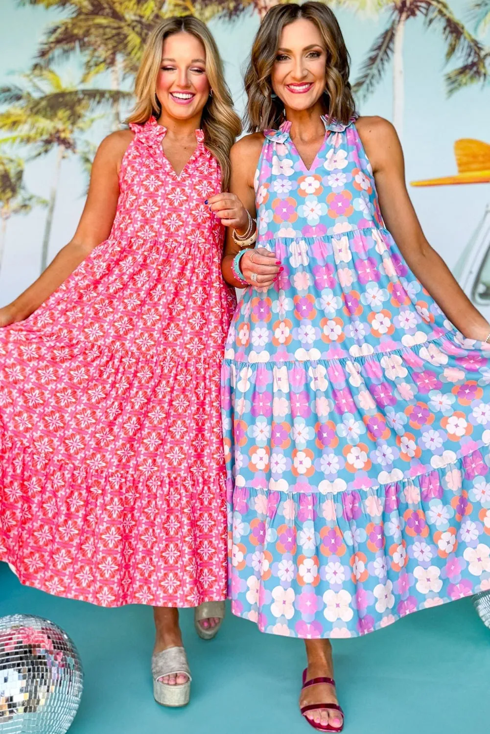 KaleaBoutique Floral Print Frilly Neck Sleeveless Tiered Maxi Dress
