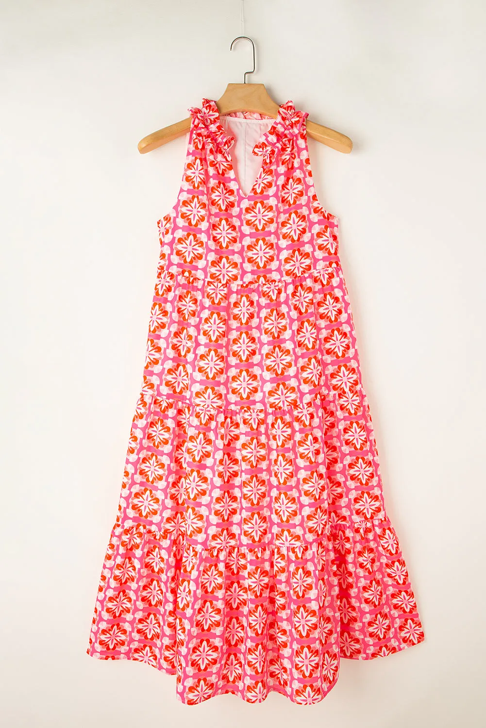KaleaBoutique Floral Print Frilly Neck Sleeveless Tiered Maxi Dress