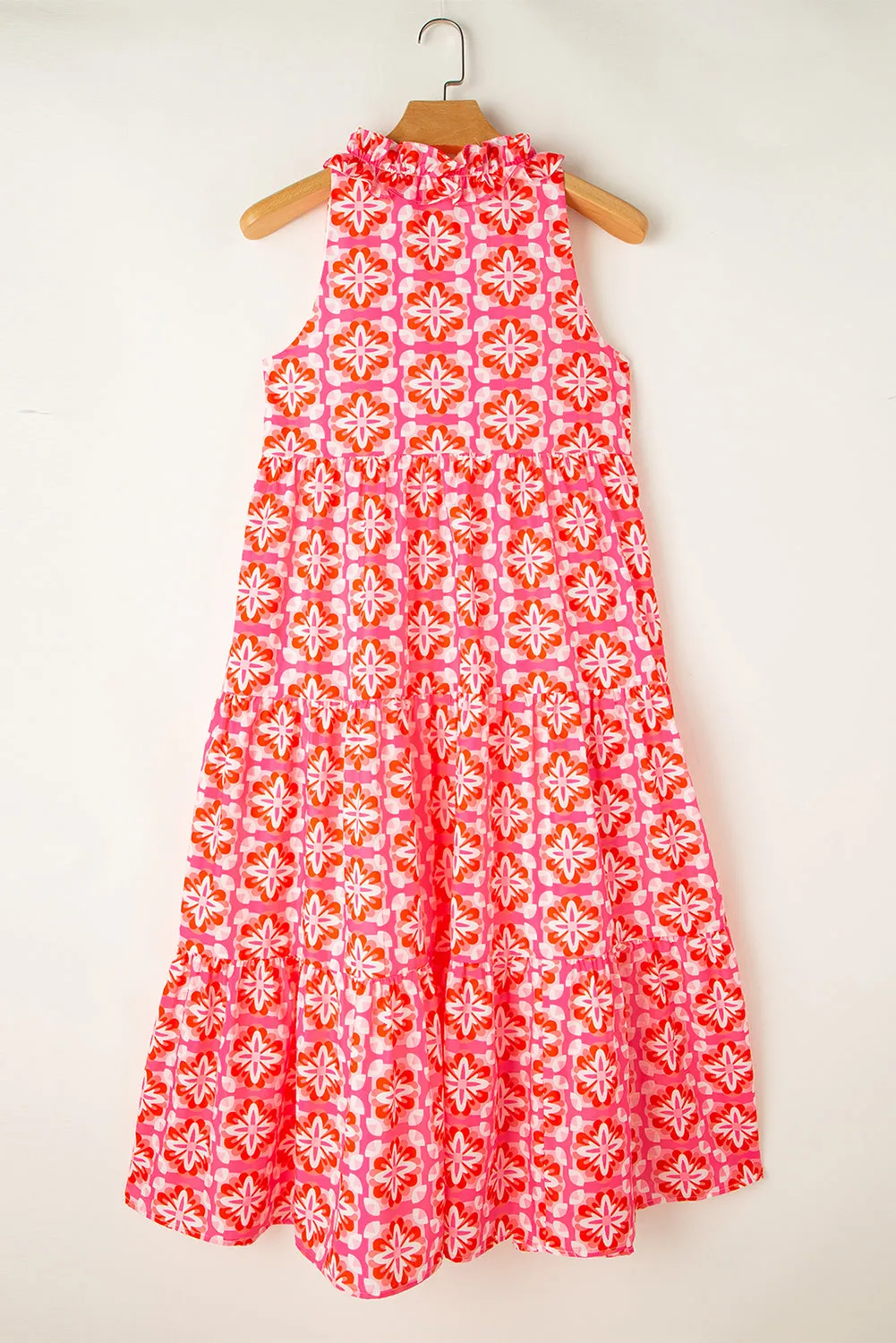 KaleaBoutique Floral Print Frilly Neck Sleeveless Tiered Maxi Dress