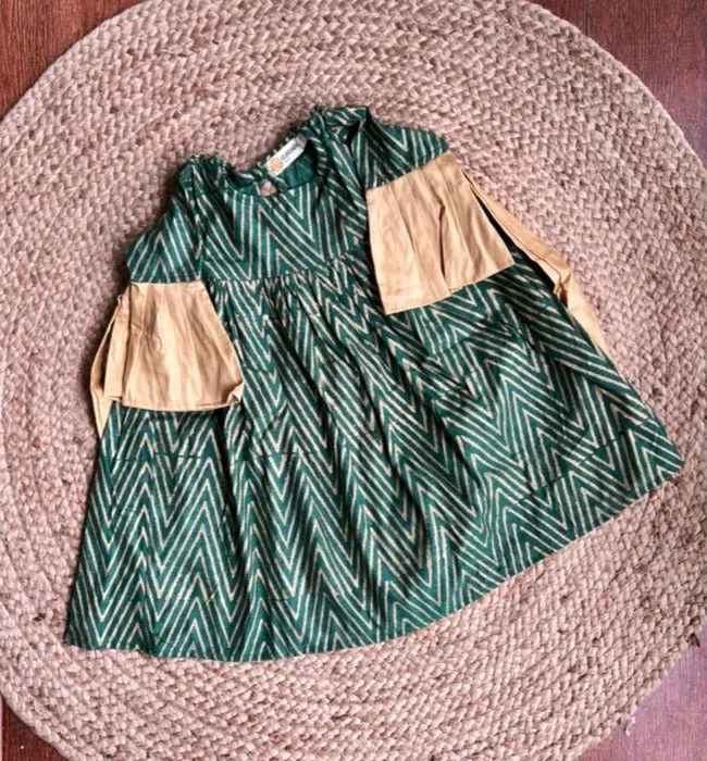 Klingaru Frock - Festive Green with Handblock Golden Zig Zag