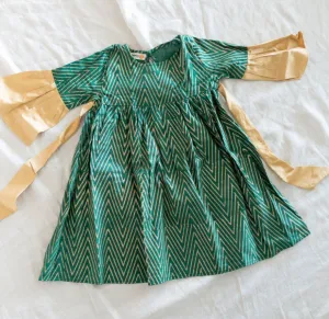 Klingaru Frock - Festive Green with Handblock Golden Zig Zag