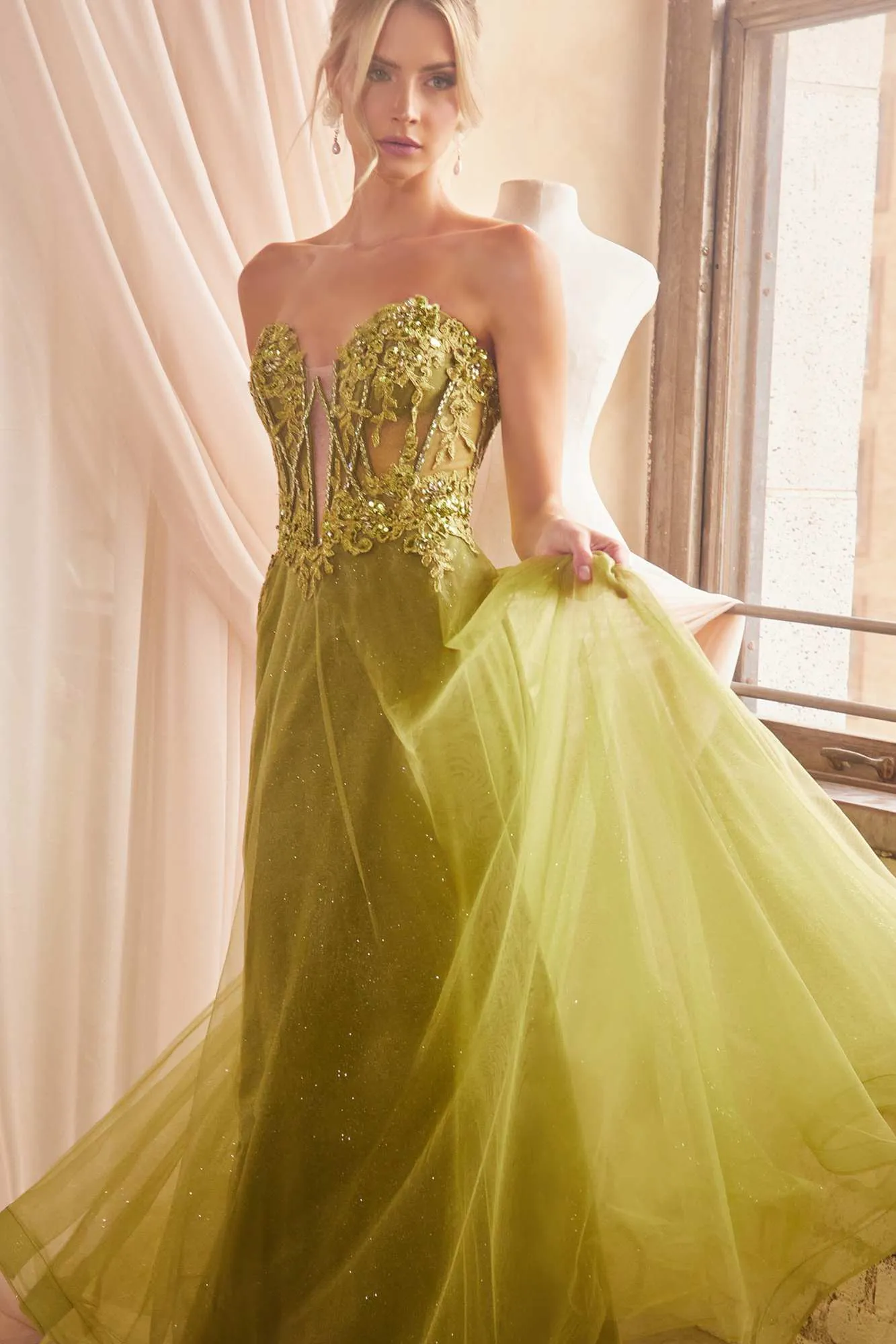Ladivine CD830 Long Strapless Ball Gown with Removable Sleeves
