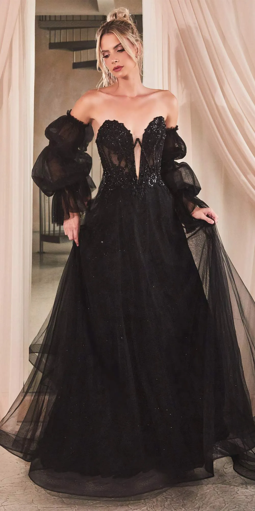 Ladivine CD830 Long Strapless Ball Gown with Removable Sleeves