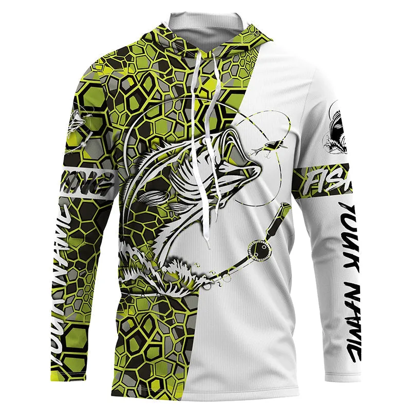 Largemouth Bass Fishing Custom Long Sleeve Shirts, Bass Tournament Fishing Jerseys | Green Camo IPHW3857