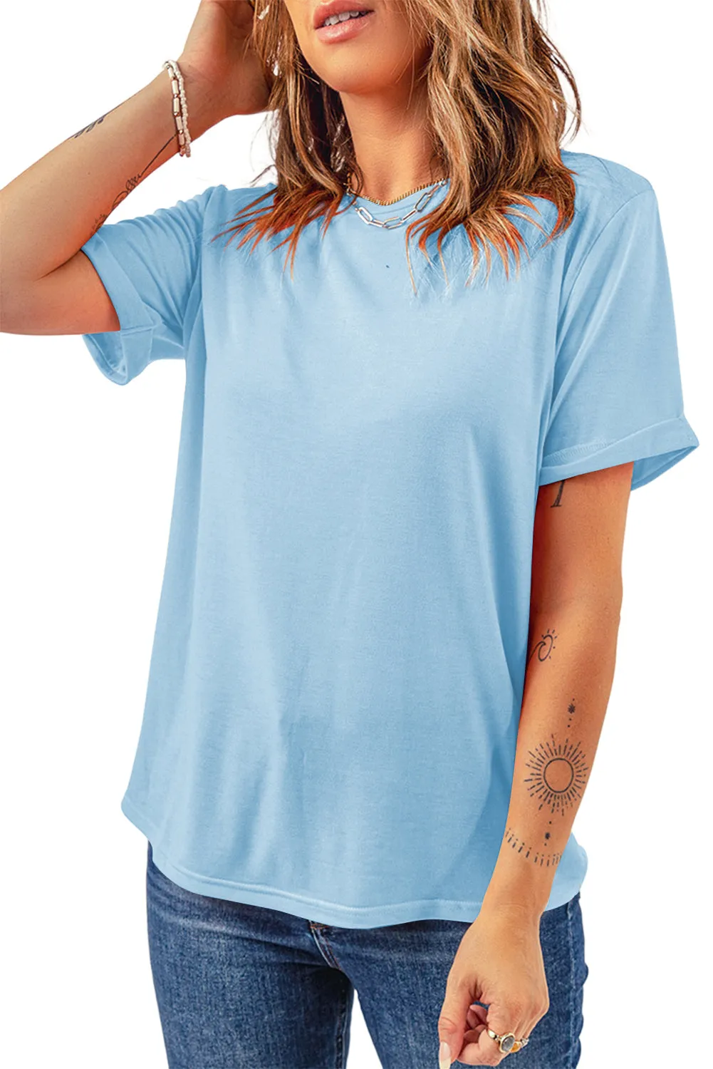 Light Blue Bright Casual Plain Crew Neck Tee