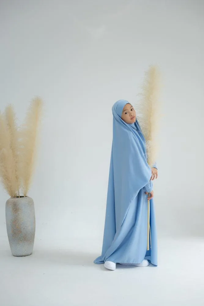 Little Gretaah prayer gown for kids in khimar style with ribbed sleeve cuff inSky Blue