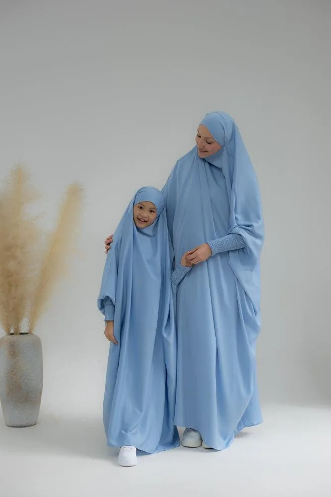 Little Gretaah prayer gown for kids in khimar style with ribbed sleeve cuff inSky Blue