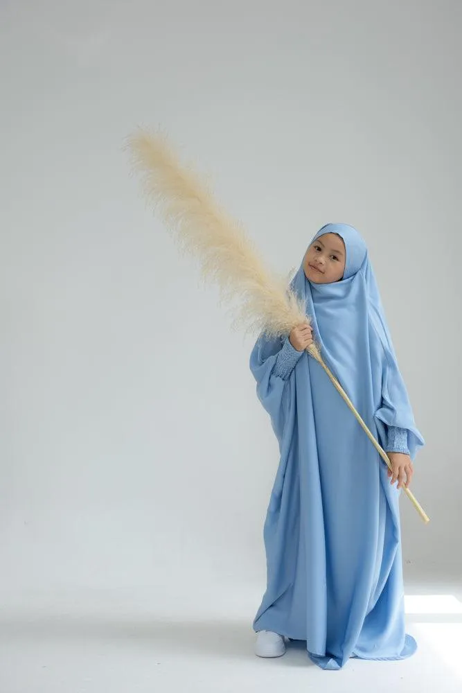 Little Gretaah prayer gown for kids in khimar style with ribbed sleeve cuff inSky Blue