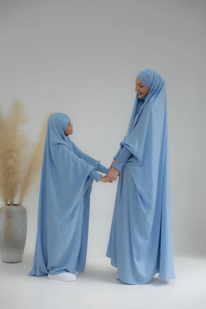 Little Gretaah prayer gown for kids in khimar style with ribbed sleeve cuff inSky Blue