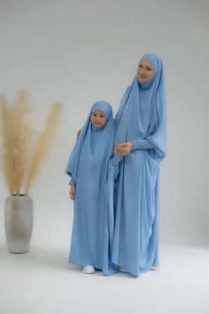 Little Gretaah prayer gown for kids in khimar style with ribbed sleeve cuff inSky Blue