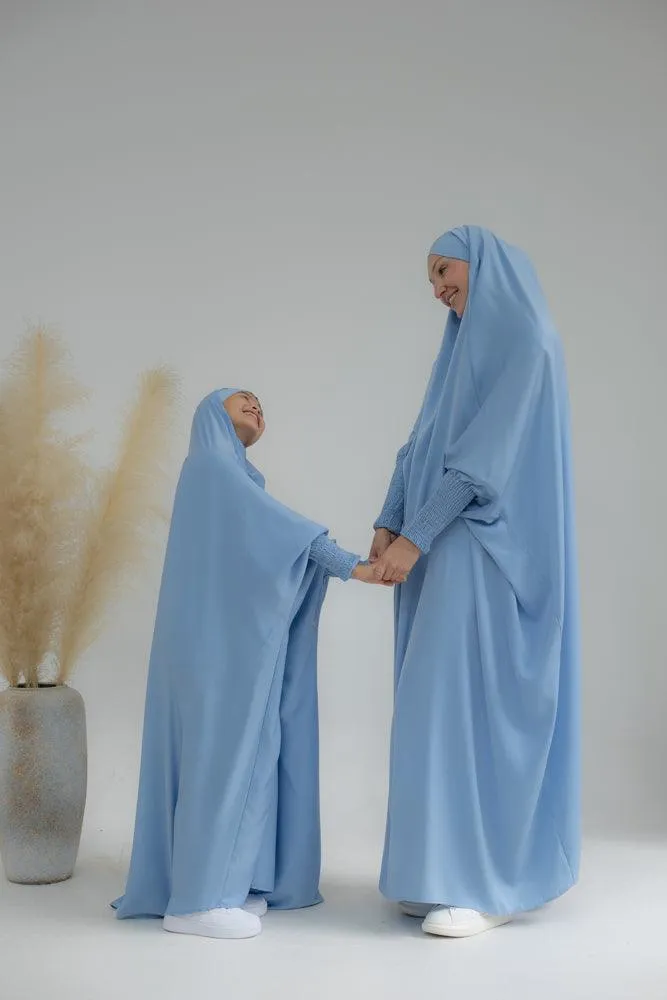 Little Gretaah prayer gown for kids in khimar style with ribbed sleeve cuff inSky Blue