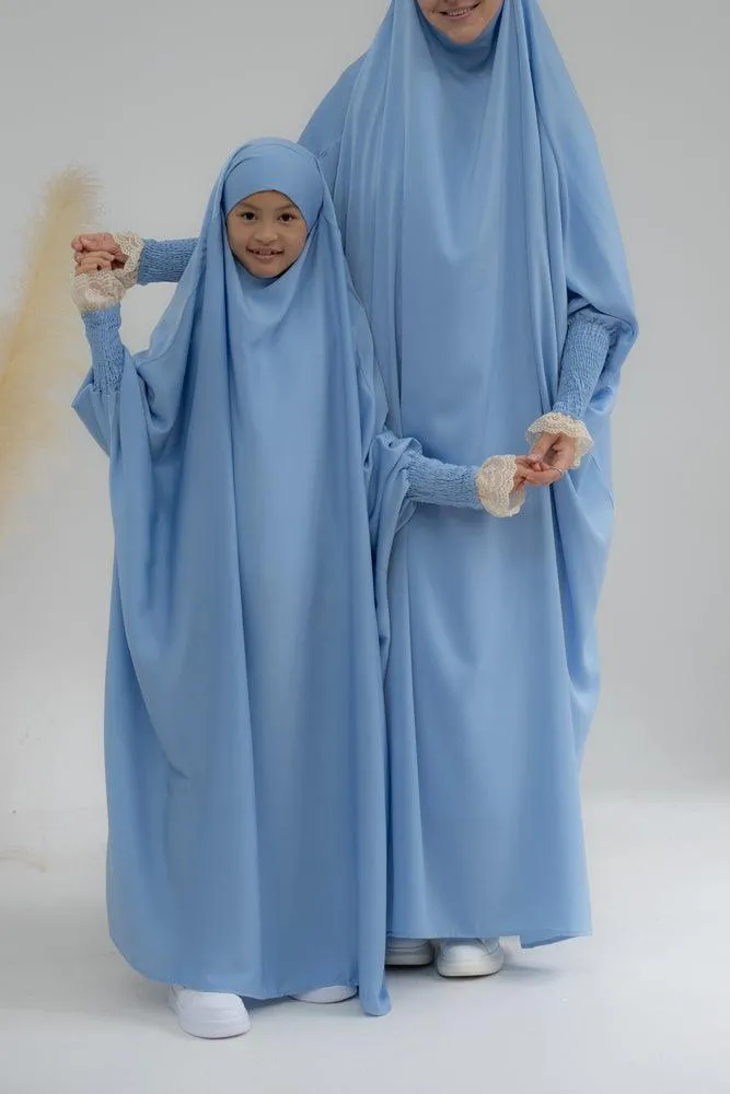 Little Gretaah prayer gown for kids in khimar style with ribbed sleeve cuff inSky Blue