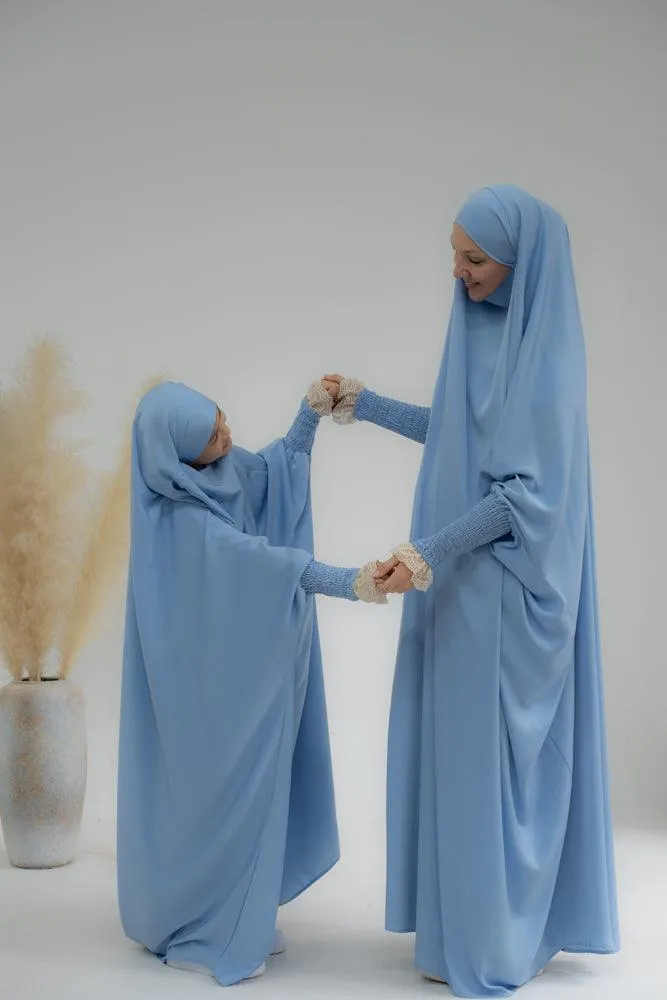 Little Gretaah prayer gown for kids in khimar style with ribbed sleeve cuff inSky Blue