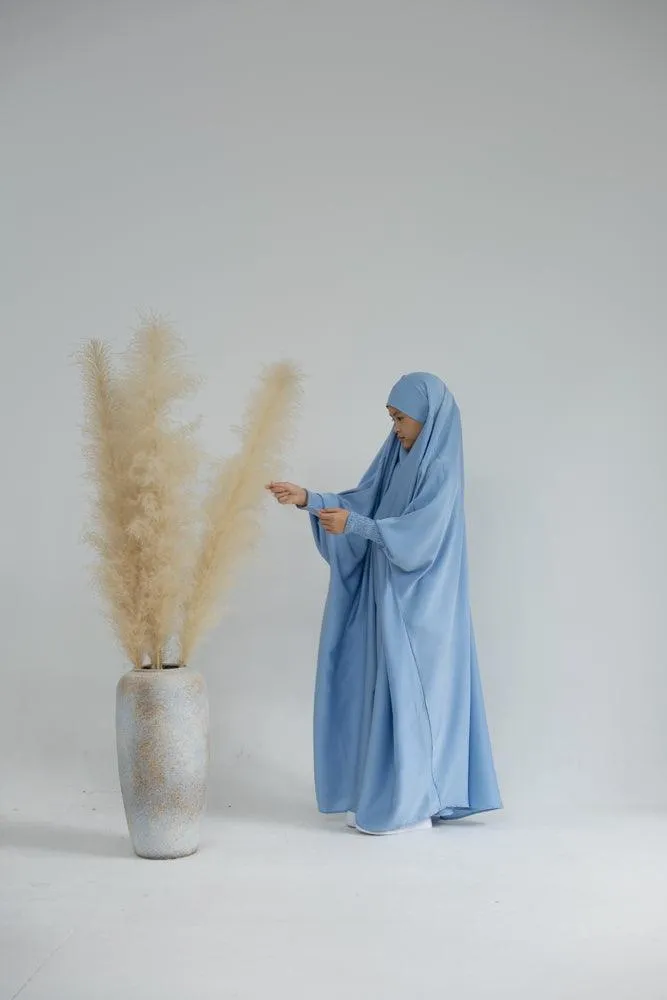 Little Gretaah prayer gown for kids in khimar style with ribbed sleeve cuff inSky Blue