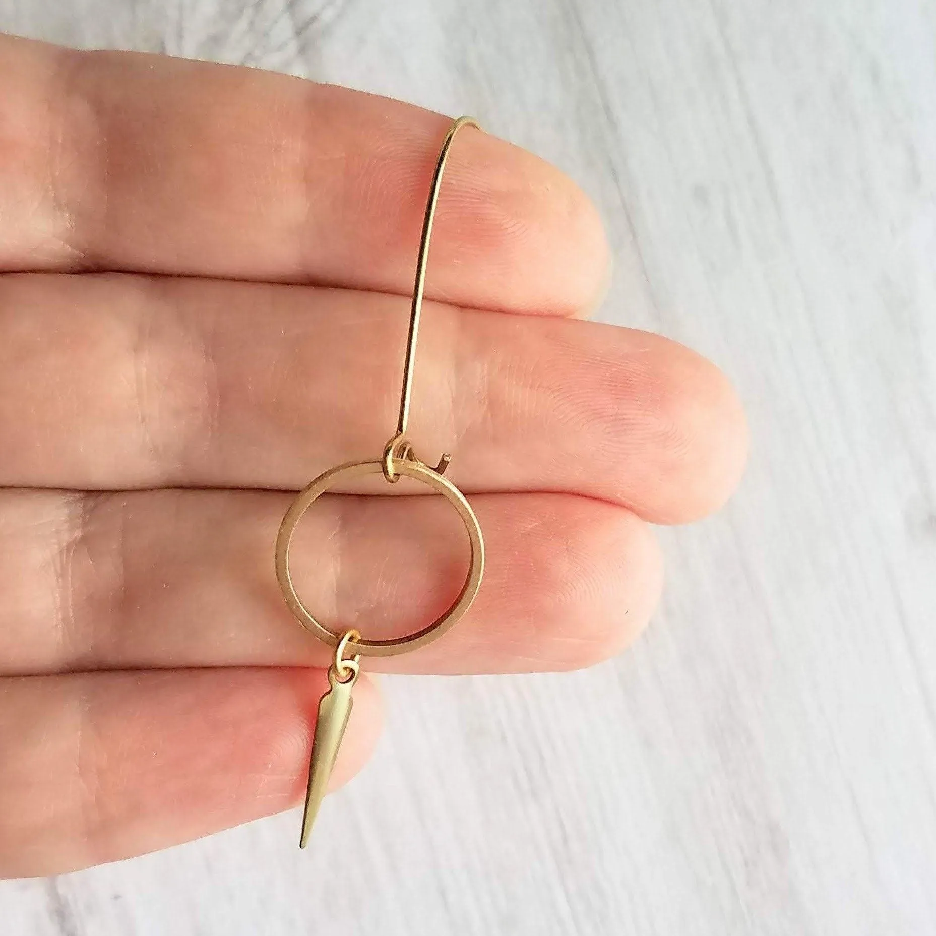 Long Gold Boho Earrings, antique brass earring, oxidized brass, lightweight earring, gold kidney hooks, gold circle earring, spike spear