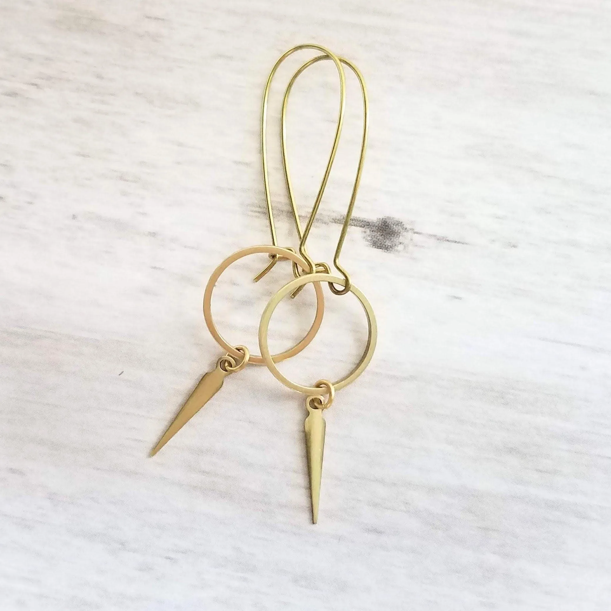 Long Gold Boho Earrings, antique brass earring, oxidized brass, lightweight earring, gold kidney hooks, gold circle earring, spike spear