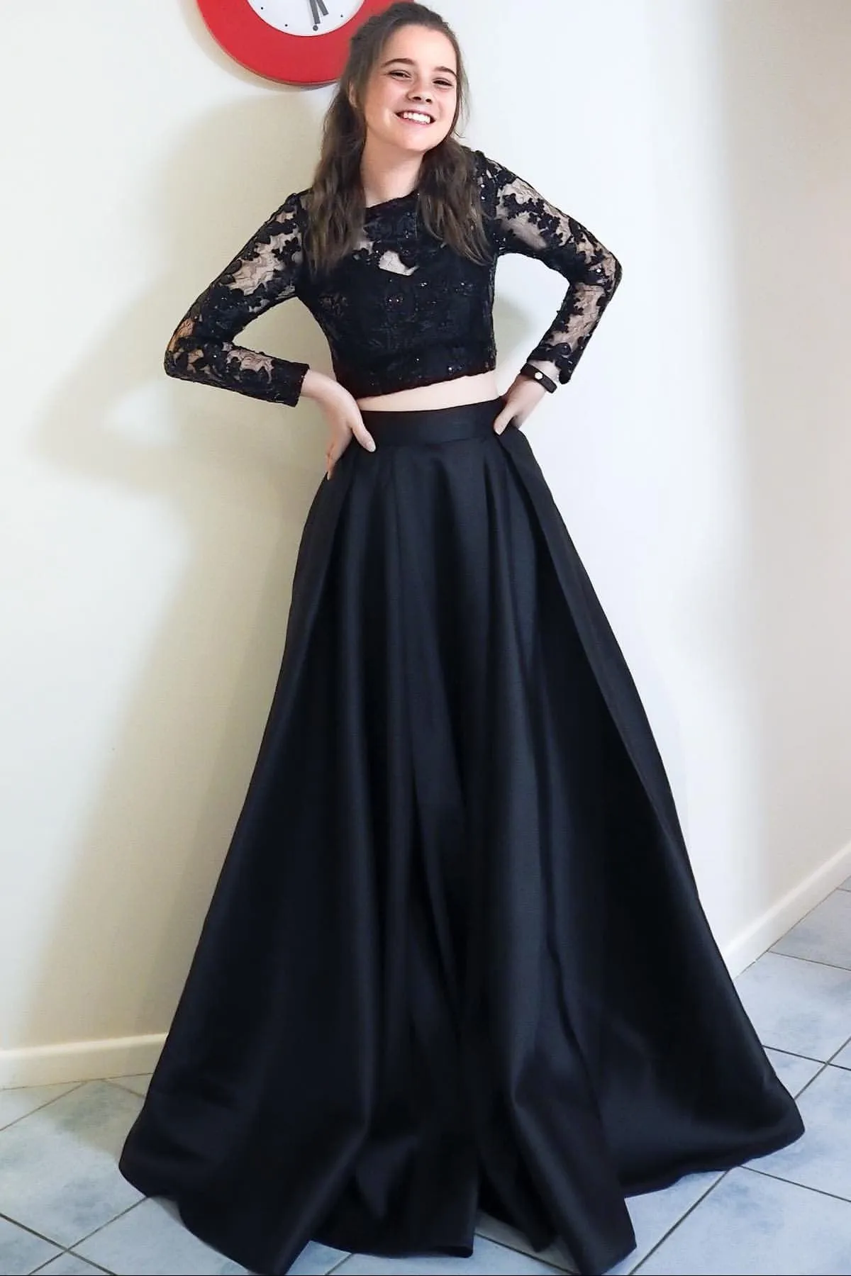 Long Sleeves 2 Pieces Black Lace Long Prom Dress, Long Sleeves Black Lace Formal Dress, Two Piece Black Lace Evening Dress