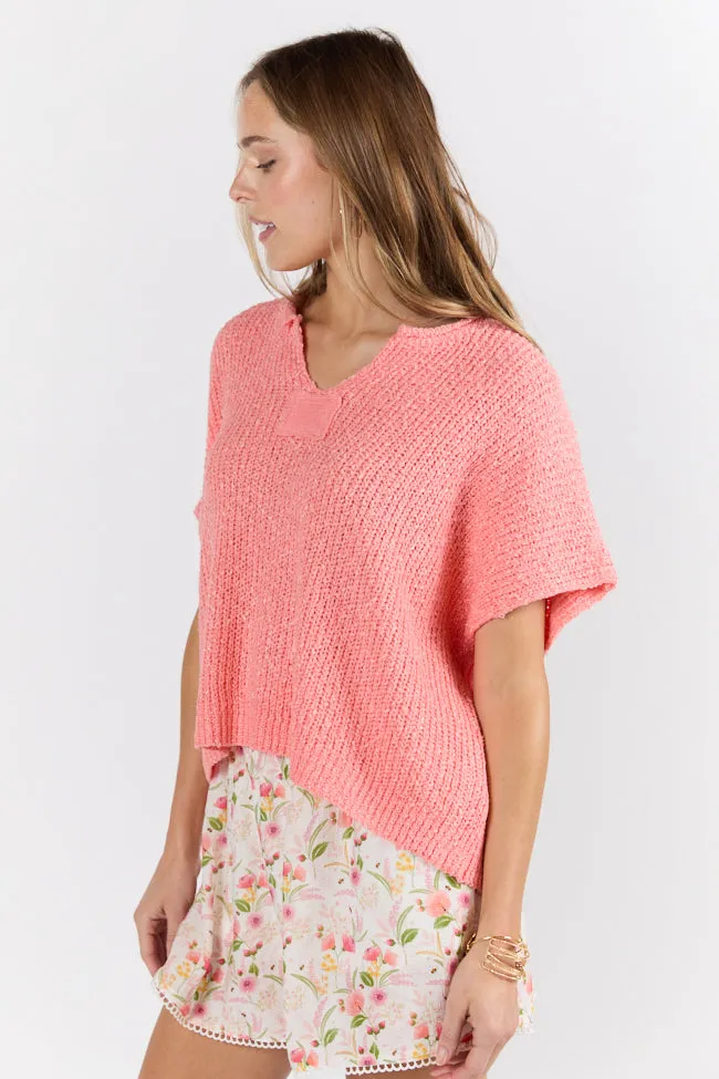 Make Waves Coral Short Sleeve Textured Lightweight Sweater