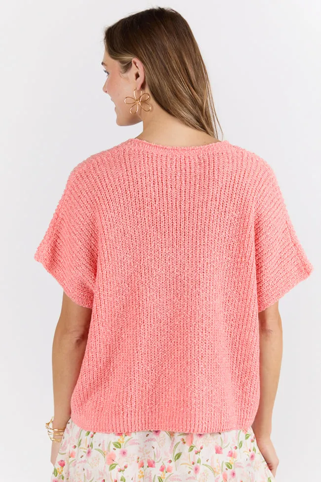 Make Waves Coral Short Sleeve Textured Lightweight Sweater