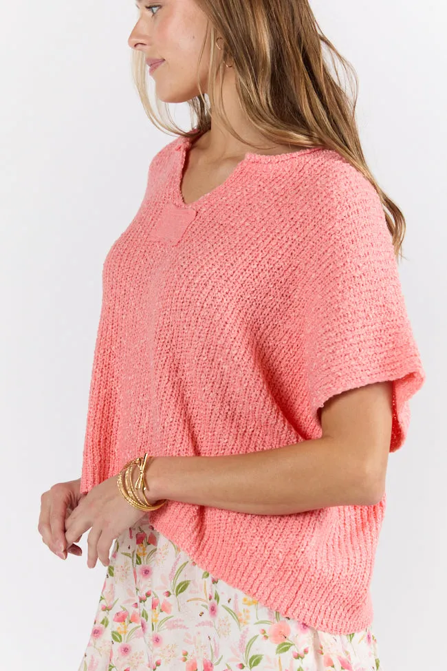 Make Waves Coral Short Sleeve Textured Lightweight Sweater