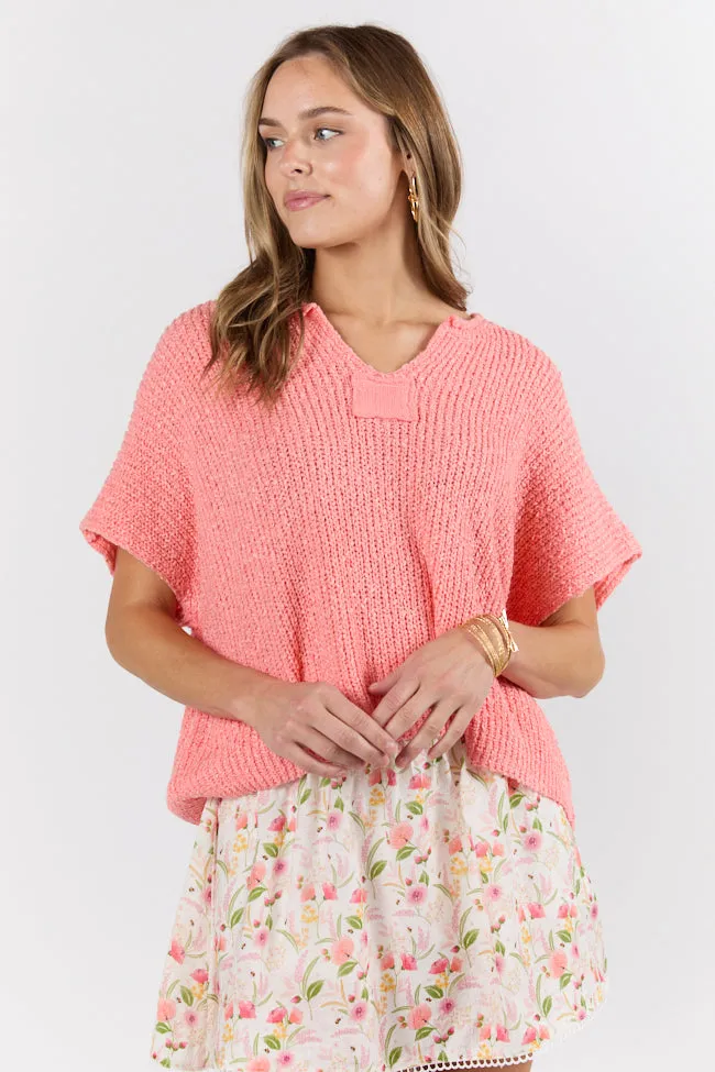Make Waves Coral Short Sleeve Textured Lightweight Sweater