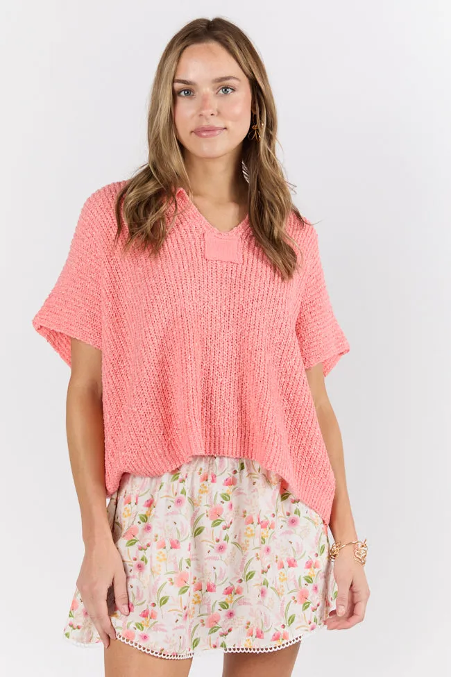 Make Waves Coral Short Sleeve Textured Lightweight Sweater