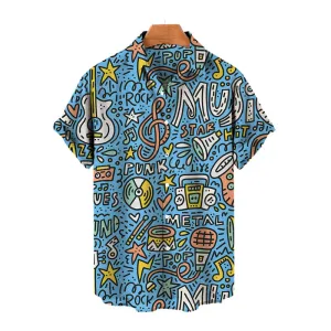 Men Guitar Music Print Short Sleeve Lapel Shirt