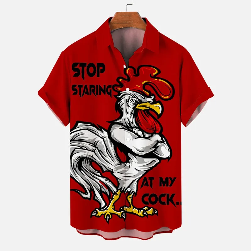 Men's Christmas Cartoon Funny Rooster Print Short Sleeve Shirt