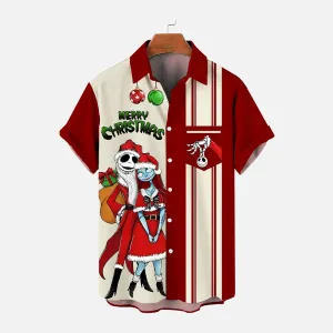 Men's Christmas Skull Jack Print Contrast Stripe Short Sleeve Shirt