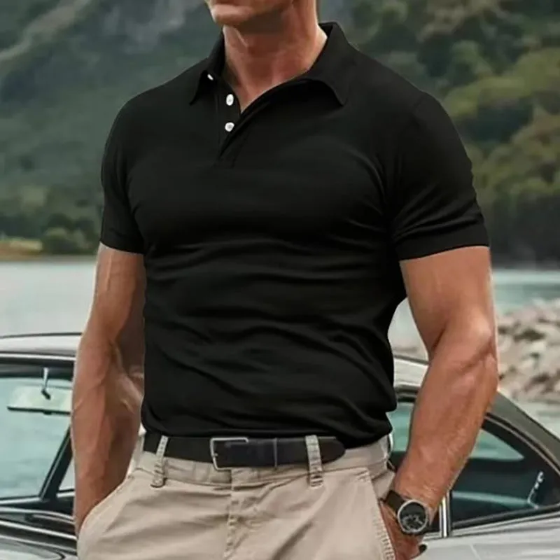 Men's Striped Twill Short Sleeve Lapel Polo Shirt