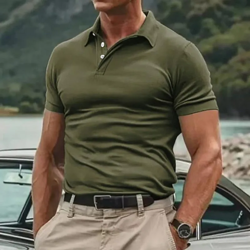 Men's Striped Twill Short Sleeve Lapel Polo Shirt
