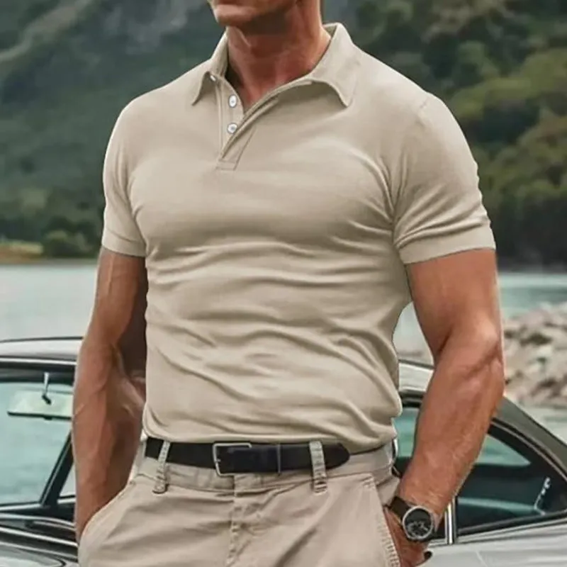 Men's Striped Twill Short Sleeve Lapel Polo Shirt