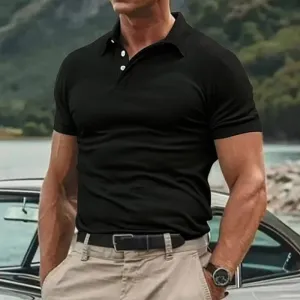 Men's Striped Twill Short Sleeve Lapel Polo Shirt