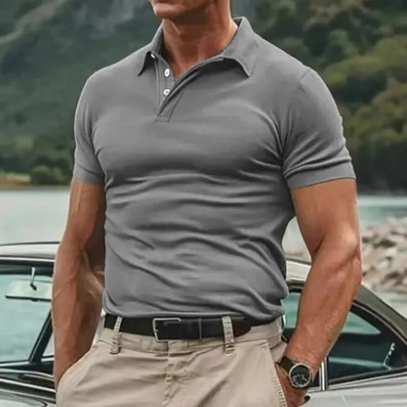 Men's Striped Twill Short Sleeve Lapel Polo Shirt