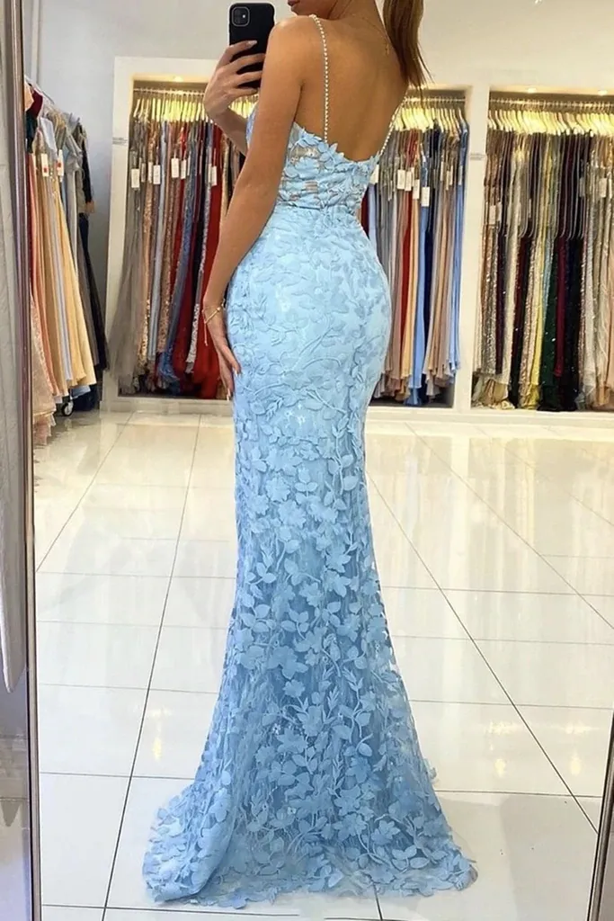 Mermaid V Neck Backless Blue Lace Long Prom Dress, Mermaid Blue Lace Formal Dress, Blue Lace Evening Dress