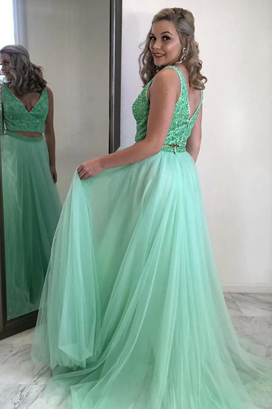 Mint Green A Line V Neck Two Piecee Beading Tulle Long Prom Dresses, Two Piece Green Formal Graduation Evening Dresses
