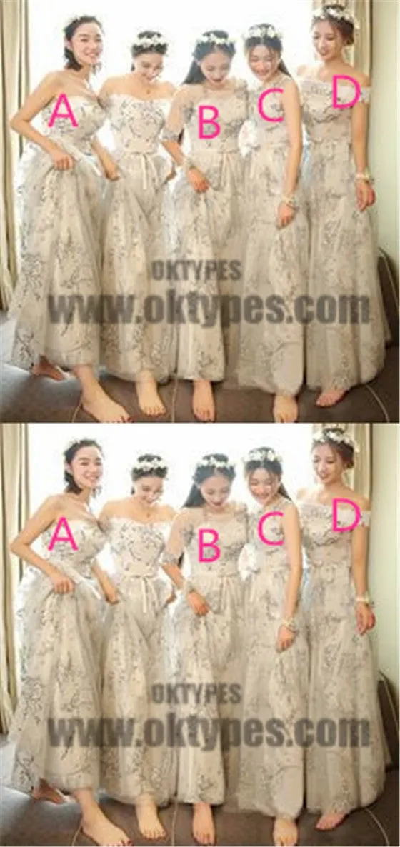 Mismatch Long Appliques Flower Tulle Bridesmaid Dresses, Lovely Bridesmaid Dresses, TYP0594