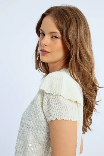 Molly Bracken Off White Short Sleeve Sequin Jumper
