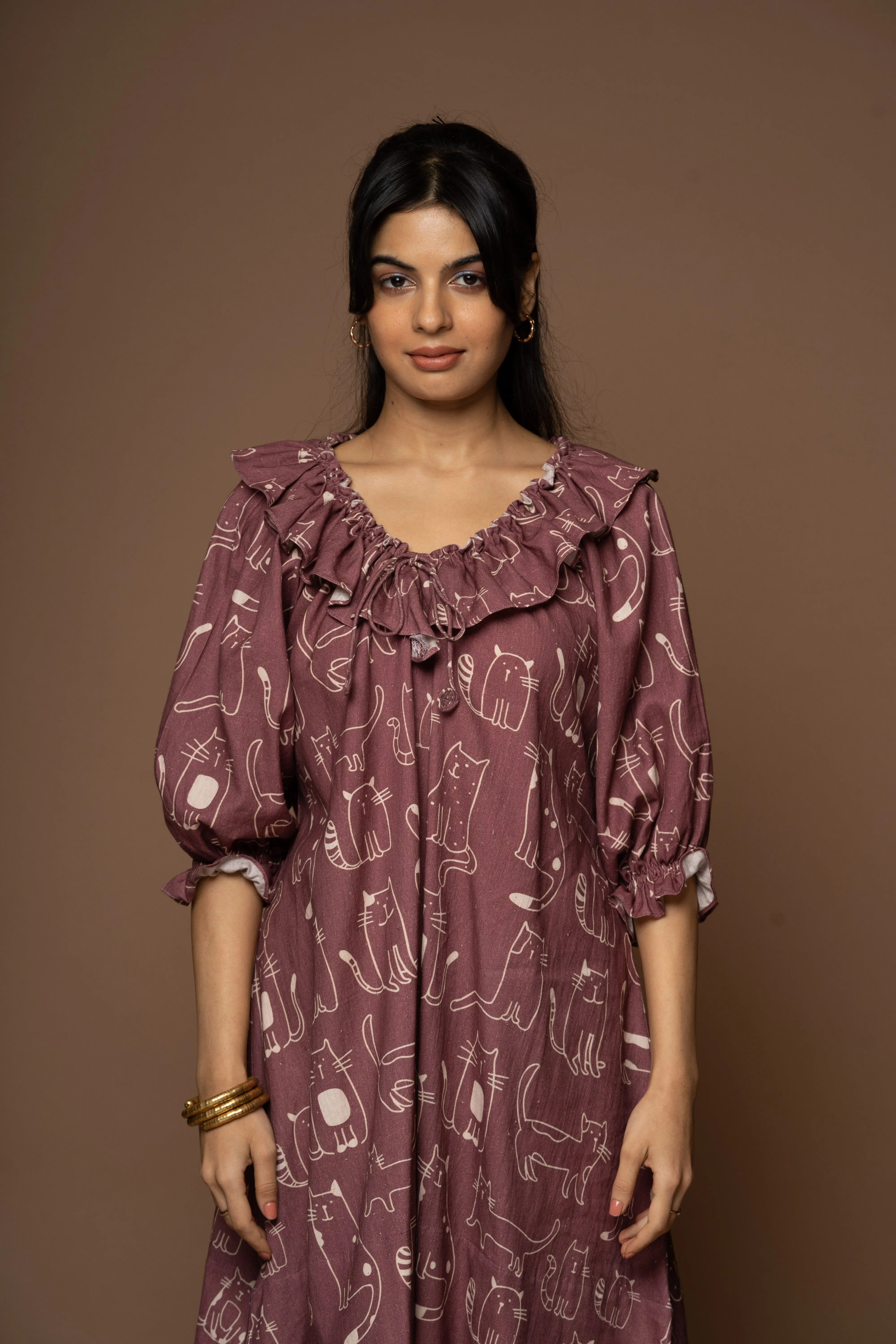 Mystic Frill Short Boho Dress in Caturday Pattern