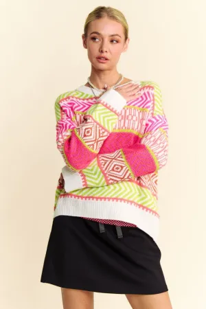 Neon Pink & Green Mixed Pattern Sweater