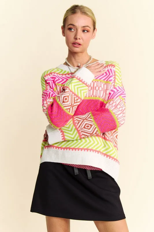 Neon Pink & Green Mixed Pattern Sweater