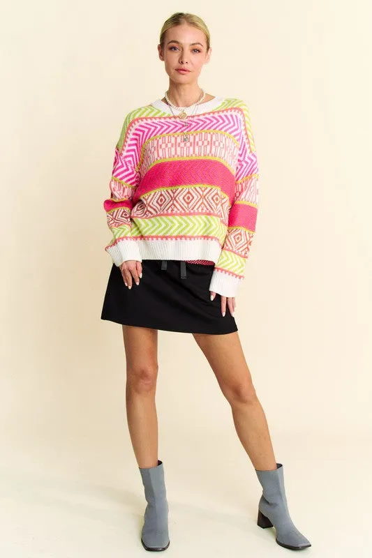 Neon Pink & Green Mixed Pattern Sweater