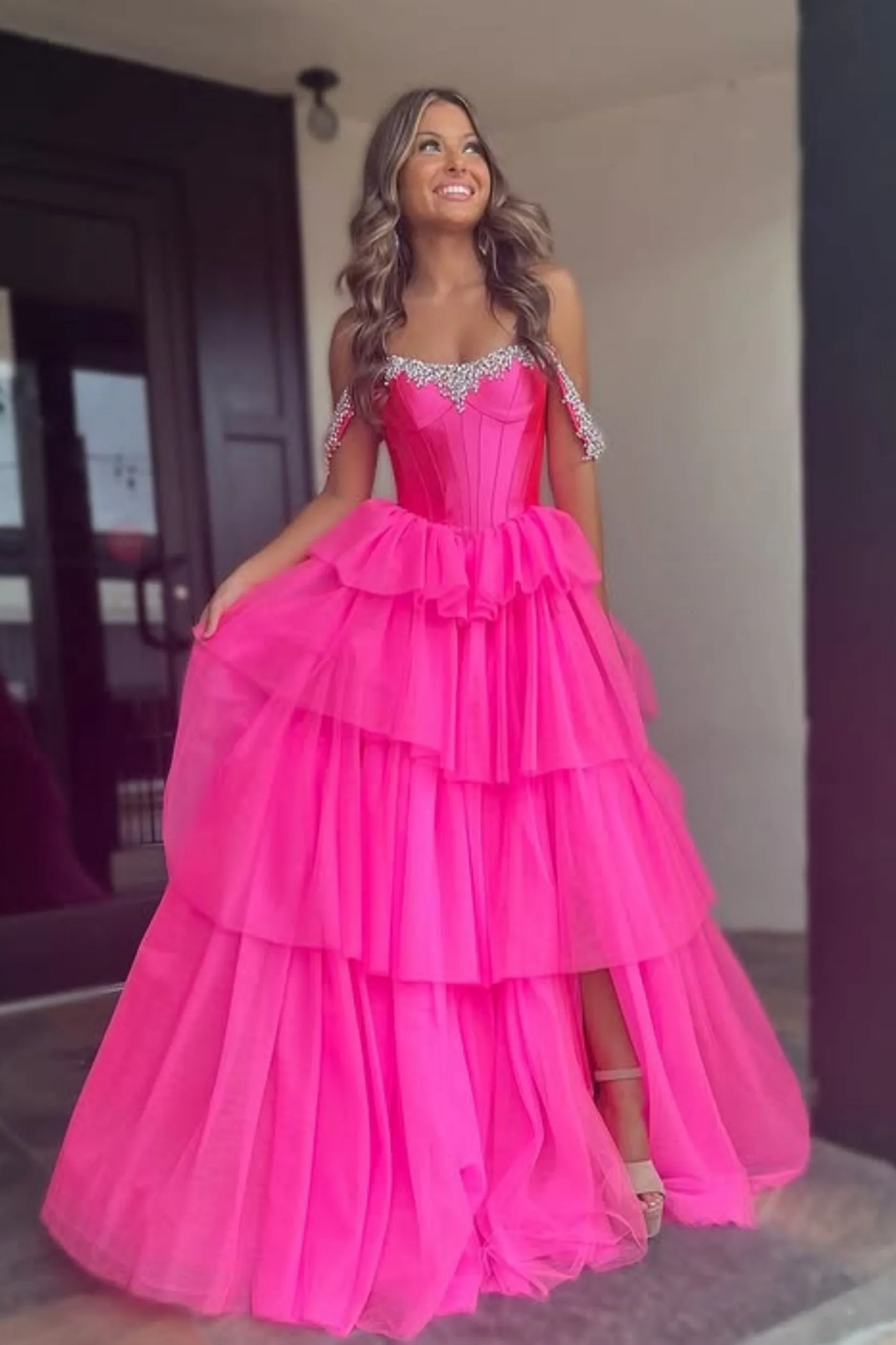 Off the Shoulder High Slit Beaded Hot Pink Long Prom Dress, Off the Shoulder Formal Dress, Hot Pink Evening Dress