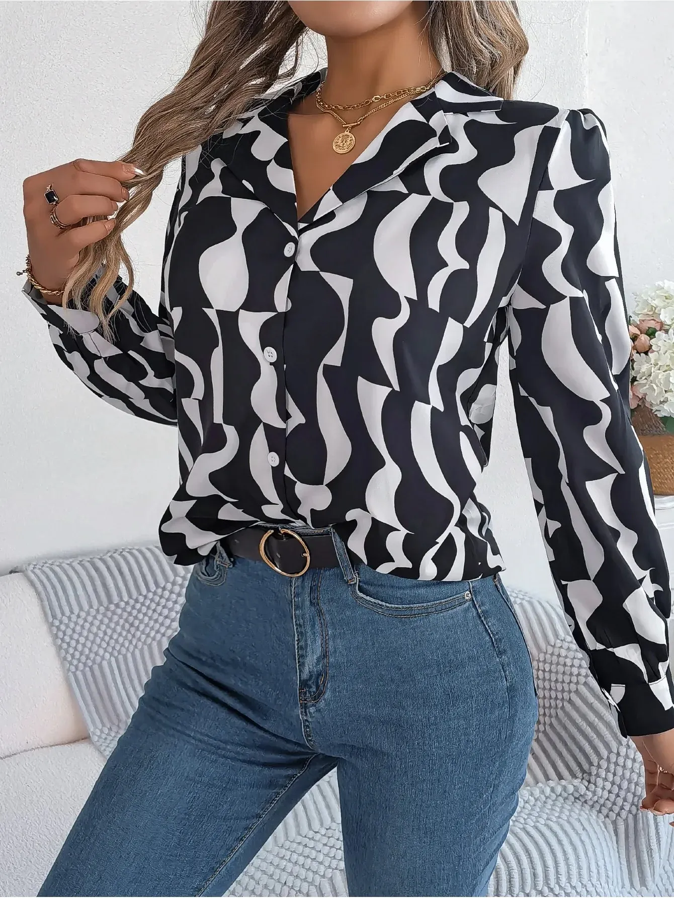 Office Lady Shirts Contrast Stripe Notched Collar Long Sleeve Tops Women Single Breasted Elegant Shirt