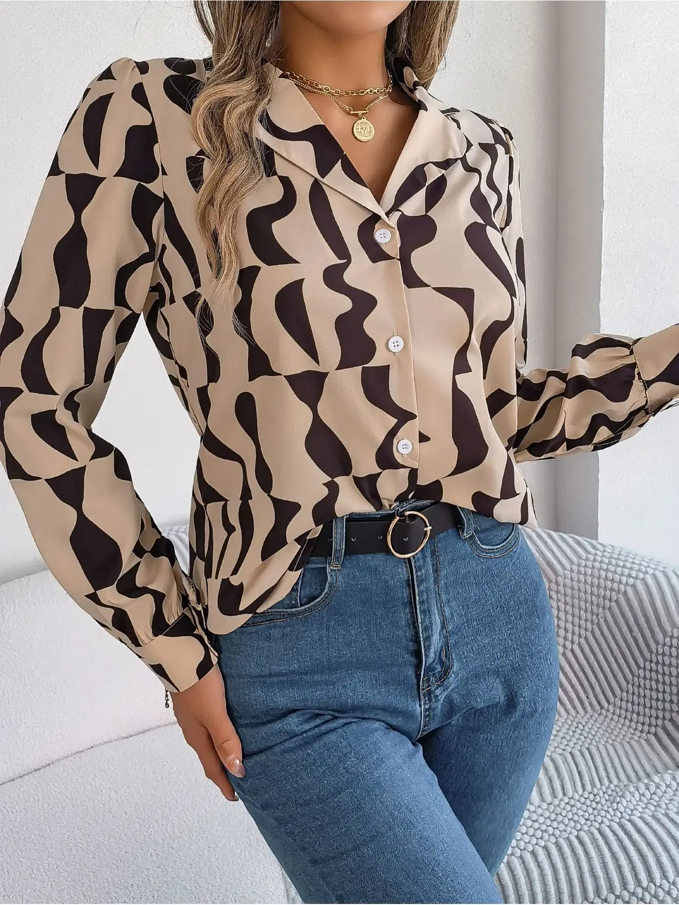 Office Lady Shirts Contrast Stripe Notched Collar Long Sleeve Tops Women Single Breasted Elegant Shirt
