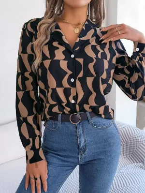 Office Lady Shirts Contrast Stripe Notched Collar Long Sleeve Tops Women Single Breasted Elegant Shirt