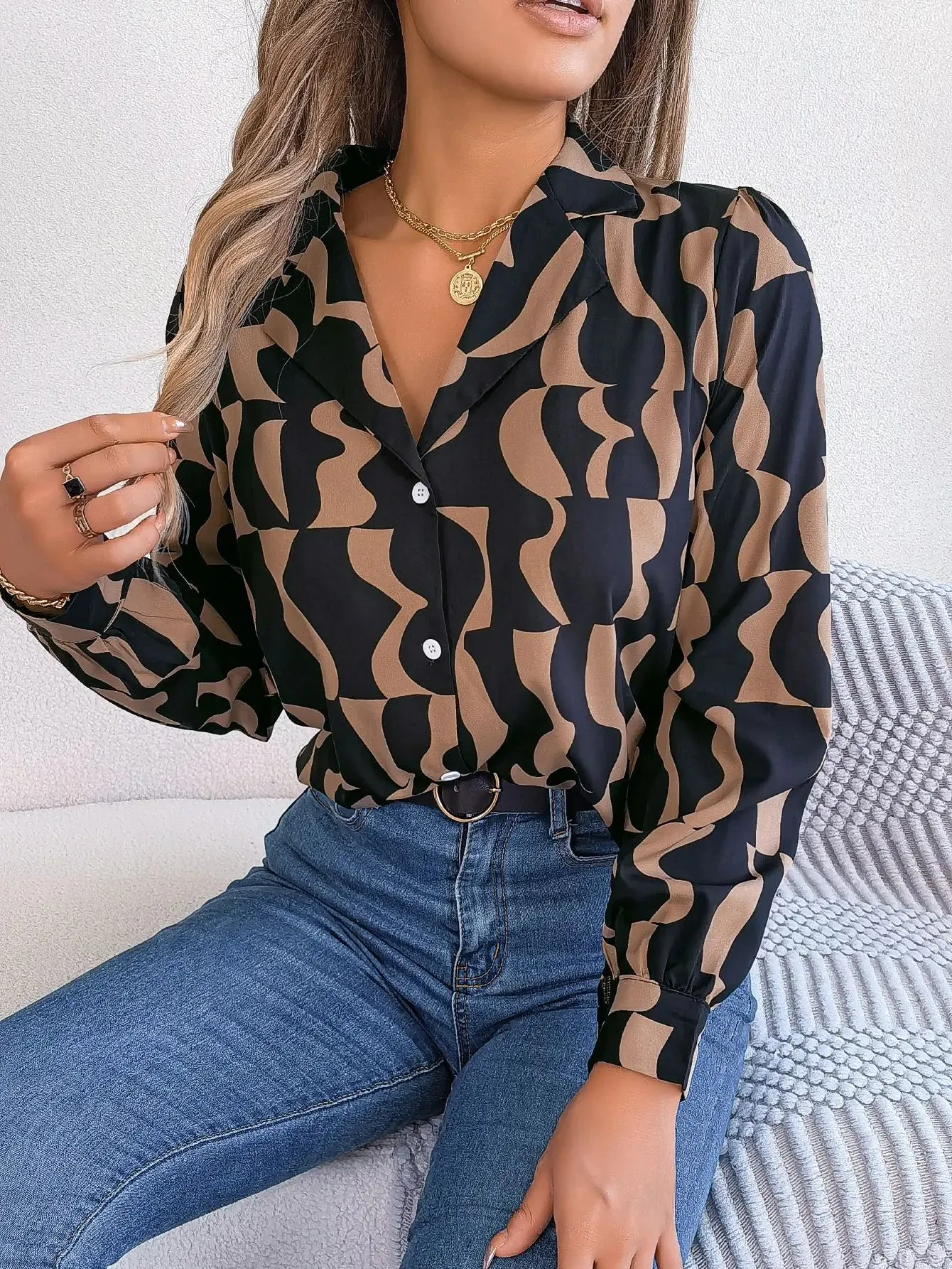 Office Lady Shirts Contrast Stripe Notched Collar Long Sleeve Tops Women Single Breasted Elegant Shirt