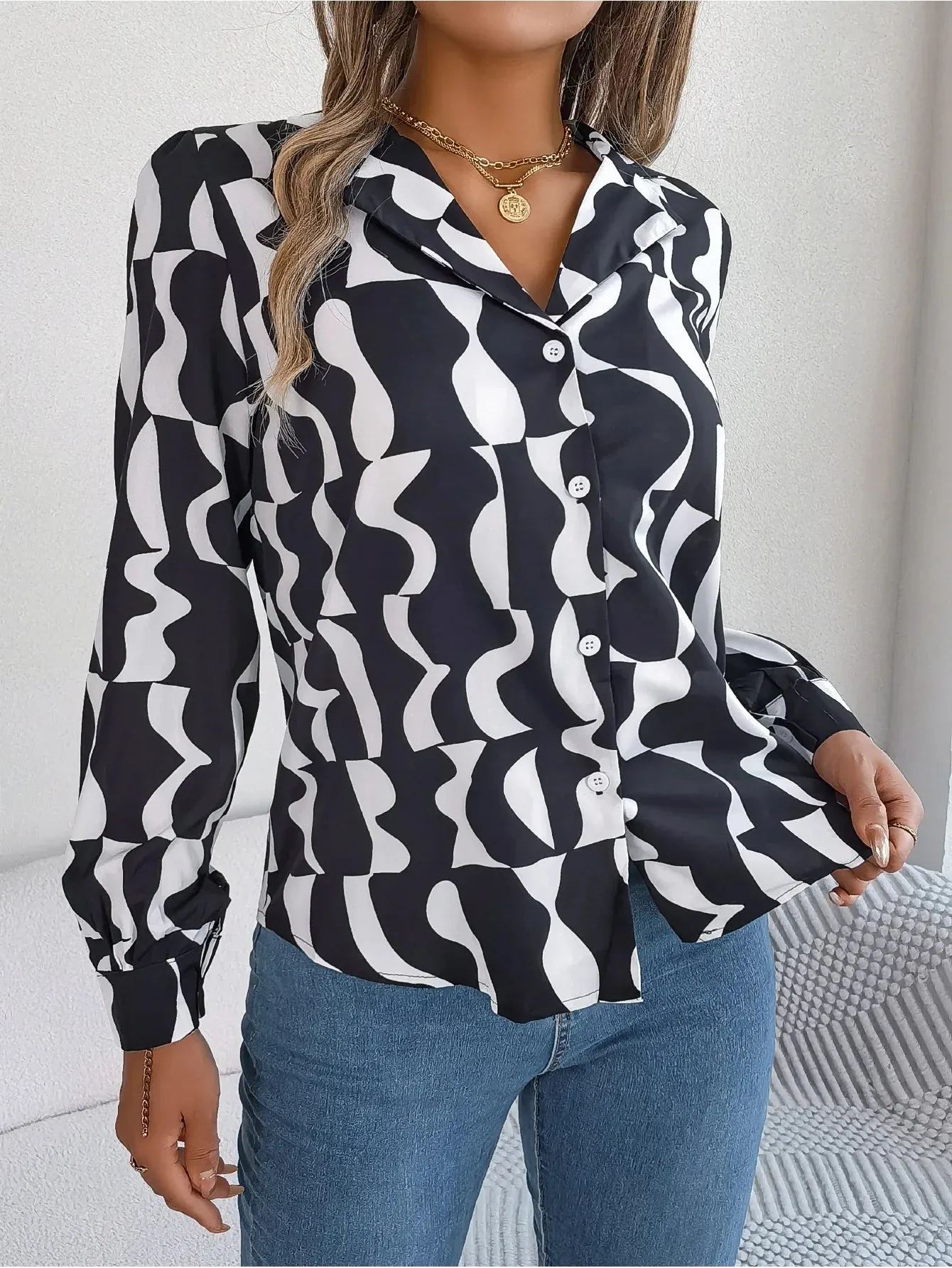 Office Lady Shirts Contrast Stripe Notched Collar Long Sleeve Tops Women Single Breasted Elegant Shirt