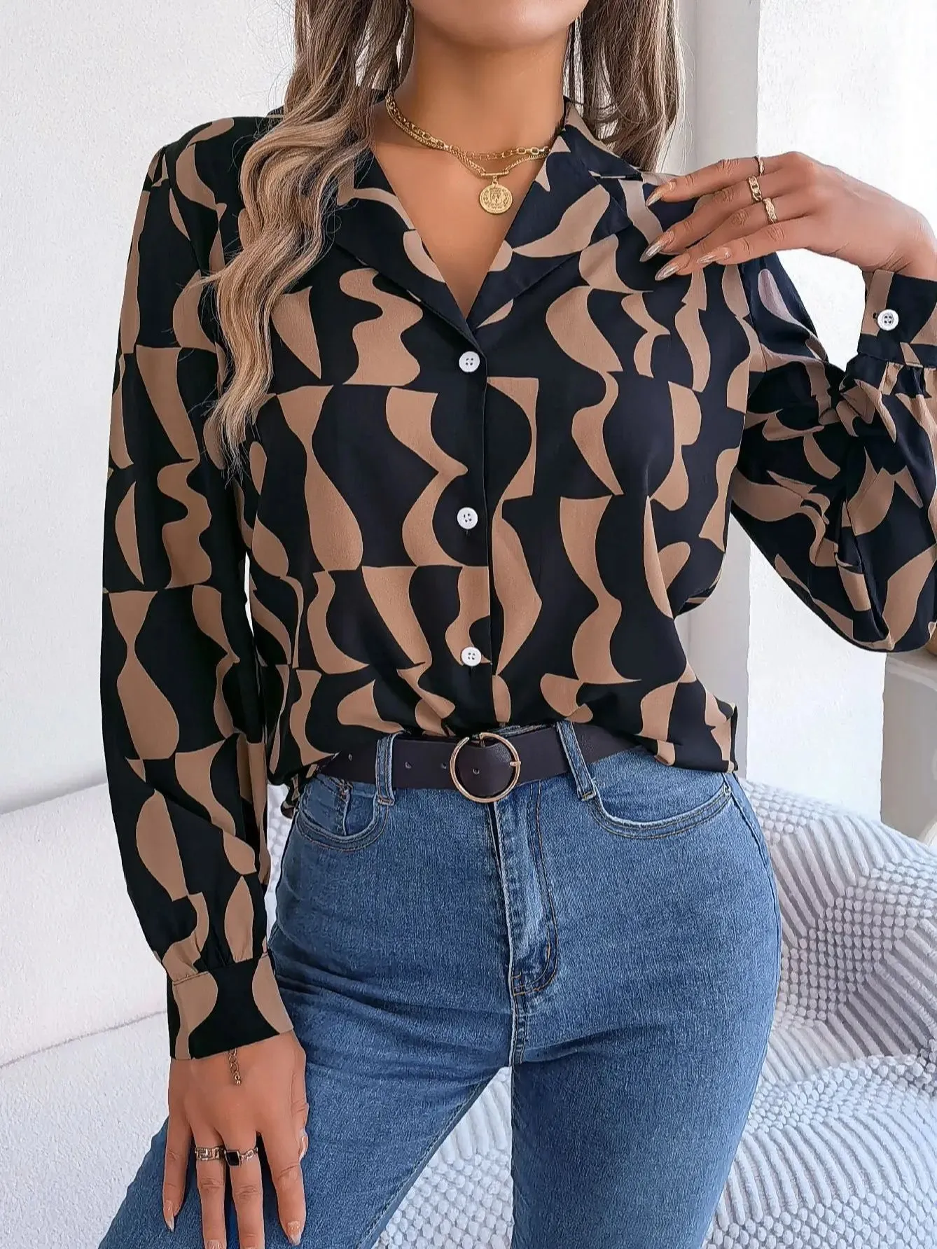 Office Lady Shirts Contrast Stripe Notched Collar Long Sleeve Tops Women Single Breasted Elegant Shirt